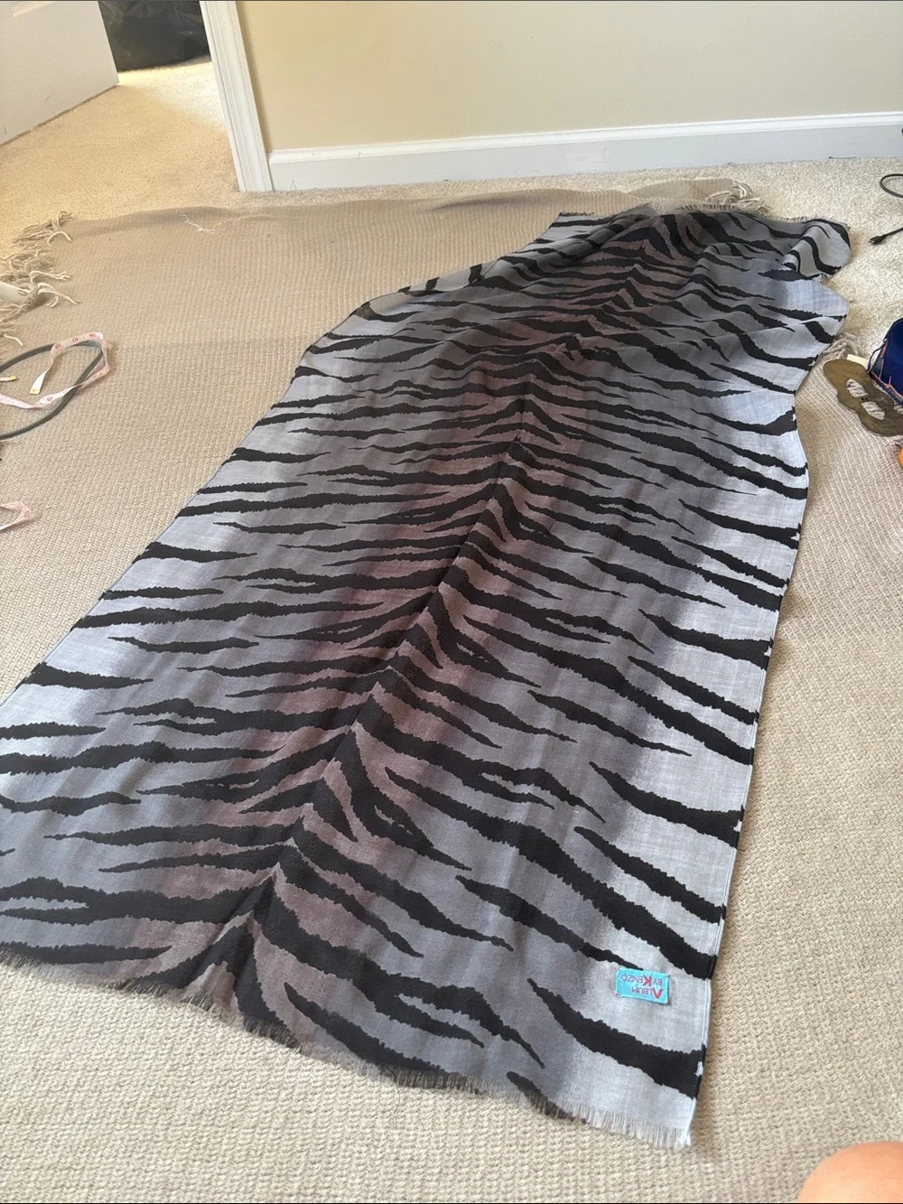 Vintage Kenzo Zebra-Stripe Lightweight Wool Scarf in Gray and Black